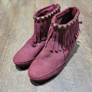 Maroon Suede Fringe Booties